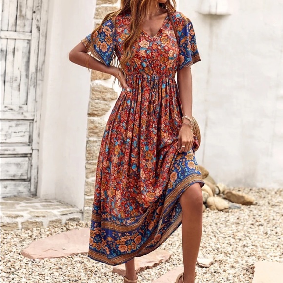 Dresses & Skirts - Boho floral print knot front A line dress